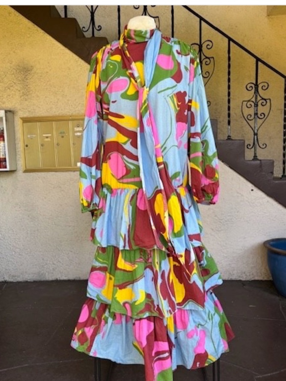 $395 RHODE Tie-Neck, Cotton Print Tiered Maxi Dress EUC/sz L